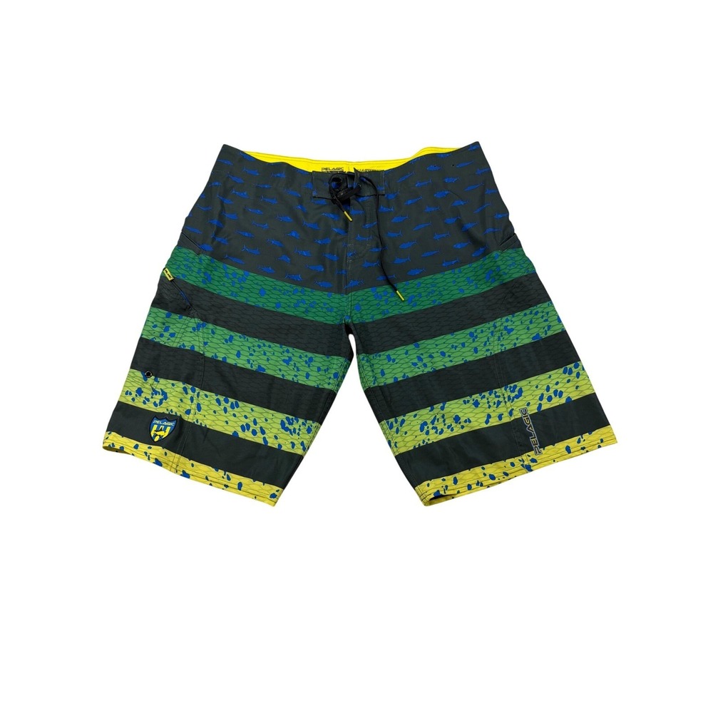 Pelagic Sharkskin Boardshorts Mens‎ 40 Mahi Mahi Fish Print Fishing Shorts Green